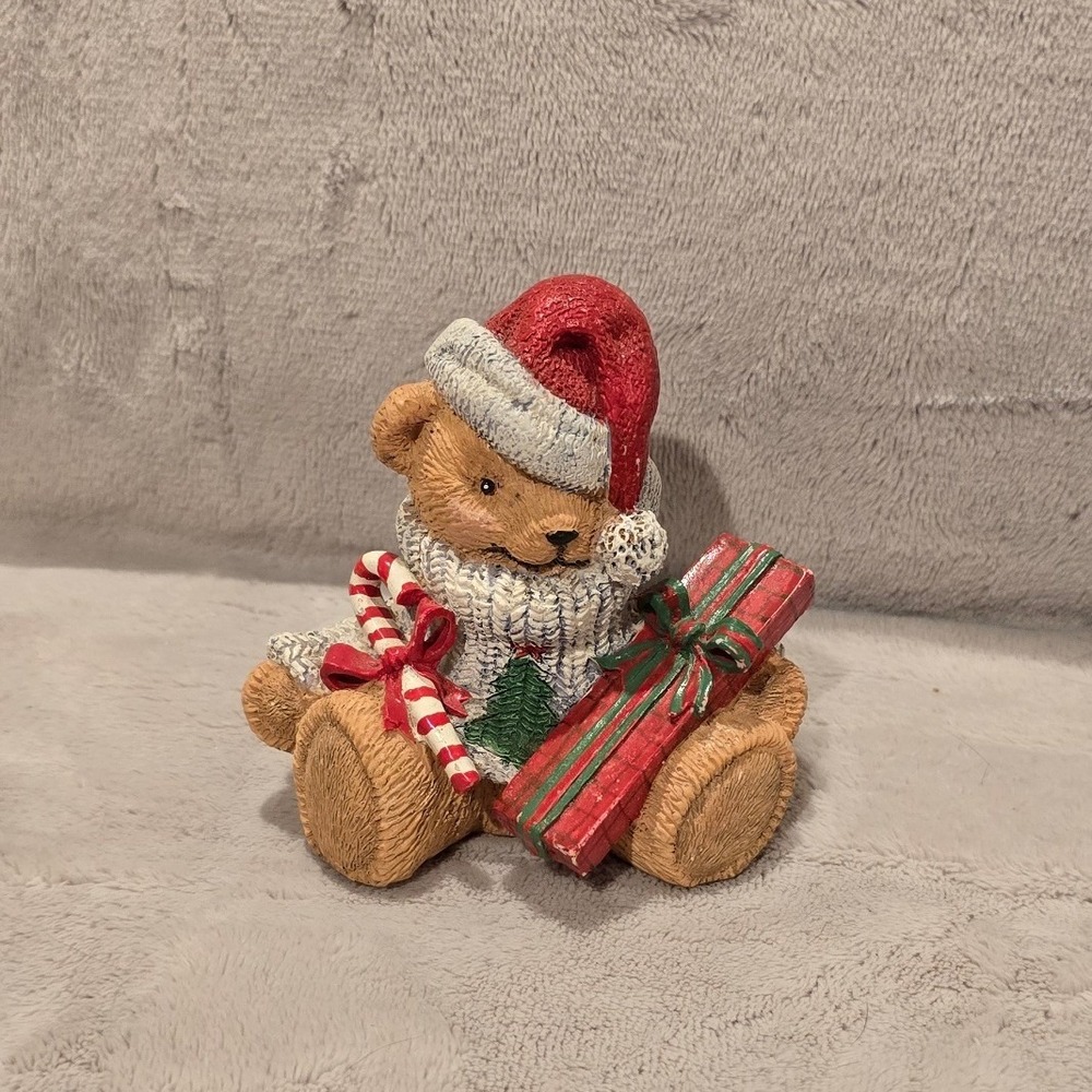 Vintage Style Resin Christmas Teddy Bear Figurine Santa Hat Sweater Gift Decor